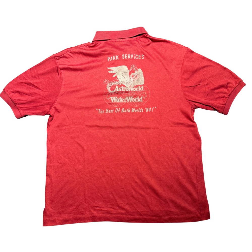 Vintage 1984 AstroWorld Park Services Polo Shirt Red Mens L Hanes USA
